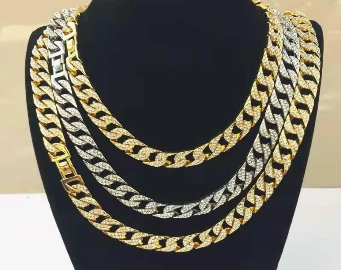 Chains Rapper Hip Hop Iced Out Paved Rhinestone 15MM Miami Curb Cuban Link Chain Gold Sliver Necklaces For Men Women Jewelry Set C6233598