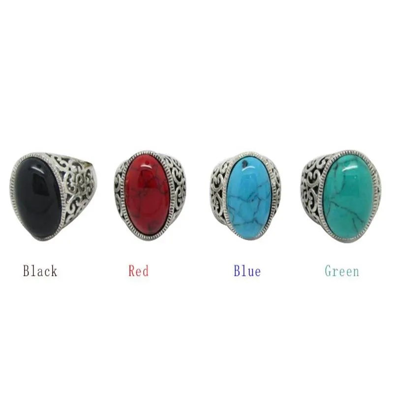 Bagues en pierre Turquoise pour femmes, 12 pièces, bagues en argent Antique avec quatre couleurs, Vintage, résine simulée, pierre Turquoise 231v