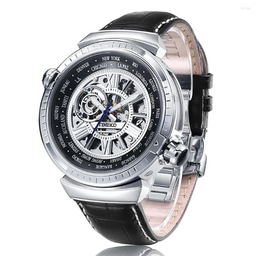 Armbanduhren TIME100 Hi World Mechanische Herrenuhren Weltzeitzone Uhr Herren Multifunktions-Business Waterproo234D