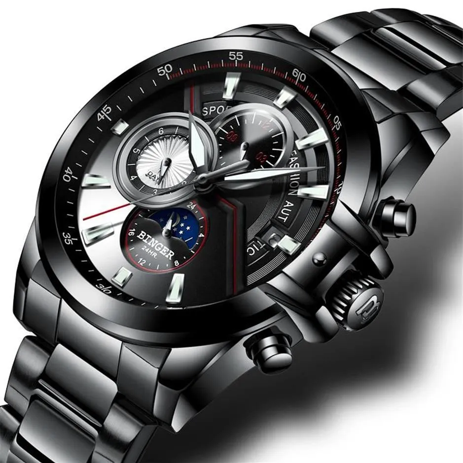 Men Watches BINGER Watch Moon Phase Luminous Male Waterproof