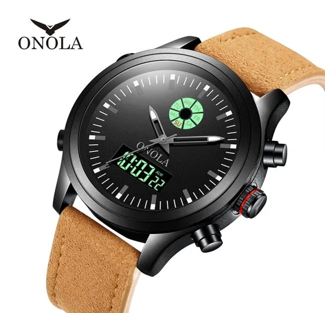 Brand ONOLA Men Military Leather Digital Watch Black Uhr LED
