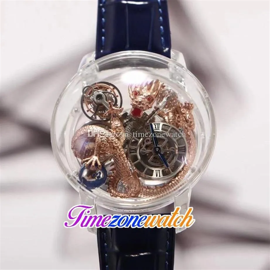 Astronomia Tourbillon Rose Gold Dragon Schweizer Quarz Herrenuhr Pave Piece Einzigartiges, vollständig transparentes Glas 3D-Gravur Blaues Leder268R