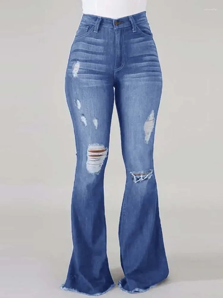 Женские джинсы, осенне-зимние расклешенные женские рваные длинные джинсовые брюки с высокой талией, большие размеры для XXXL2023
