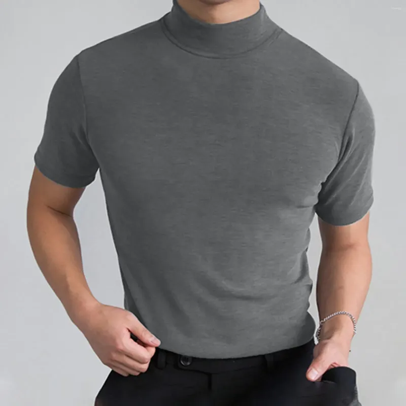 Herrdräkter B8332 män tunn t -skjorta fast färg hög krage turtleneck kort ärm streetwear fitness casual kläder 2023 fritid