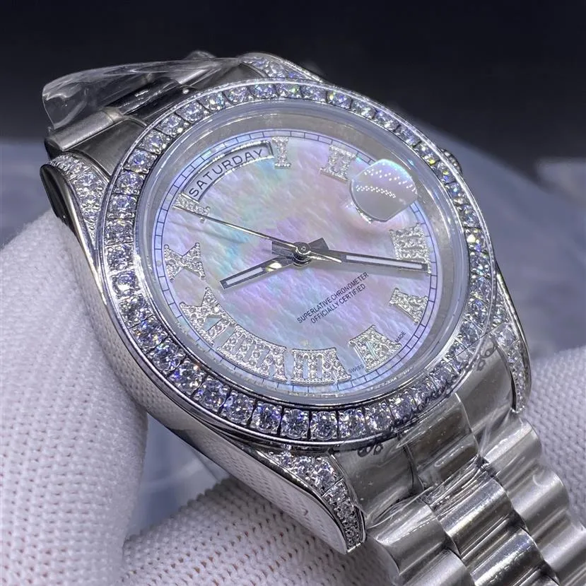 Luxury Single Ring Diamond White Pearl Men's Watch 41mm rostfritt stål Strap Automatic Date188U