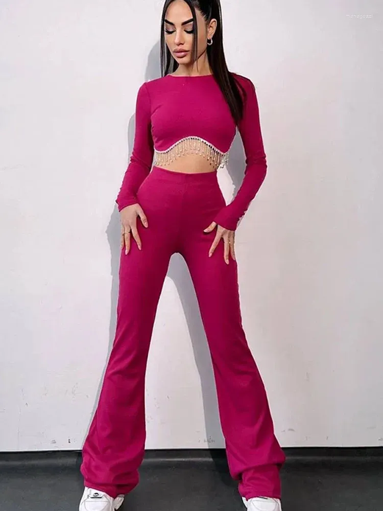 Kvinnors tvåbitar byxor Rhinestone Crop Topps Tracksuit Women Casual Slim Long Sleeve Top High midje Flare Pant 2 Set Female 2023 Spring