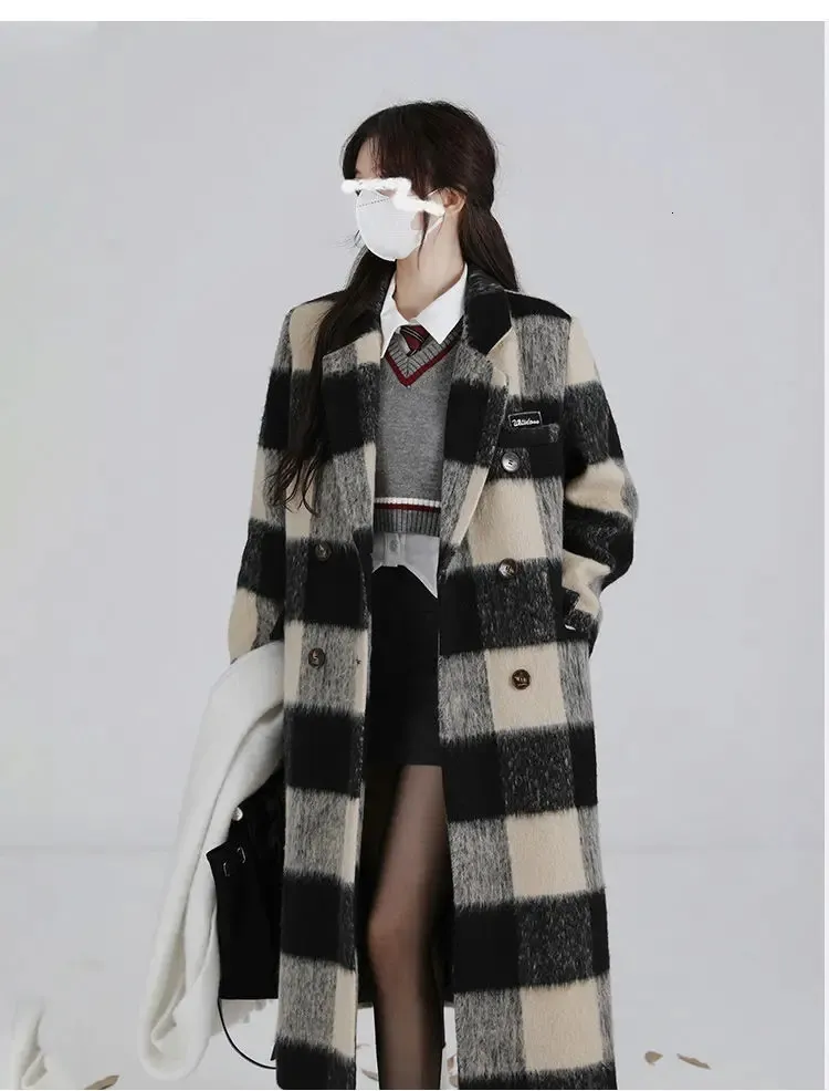 Misturas de lã feminina outono inverno clássico duplo breasted xadrez longo casaco feminino casual solto casaco vintage feminino lapela casaco streetwear 231211