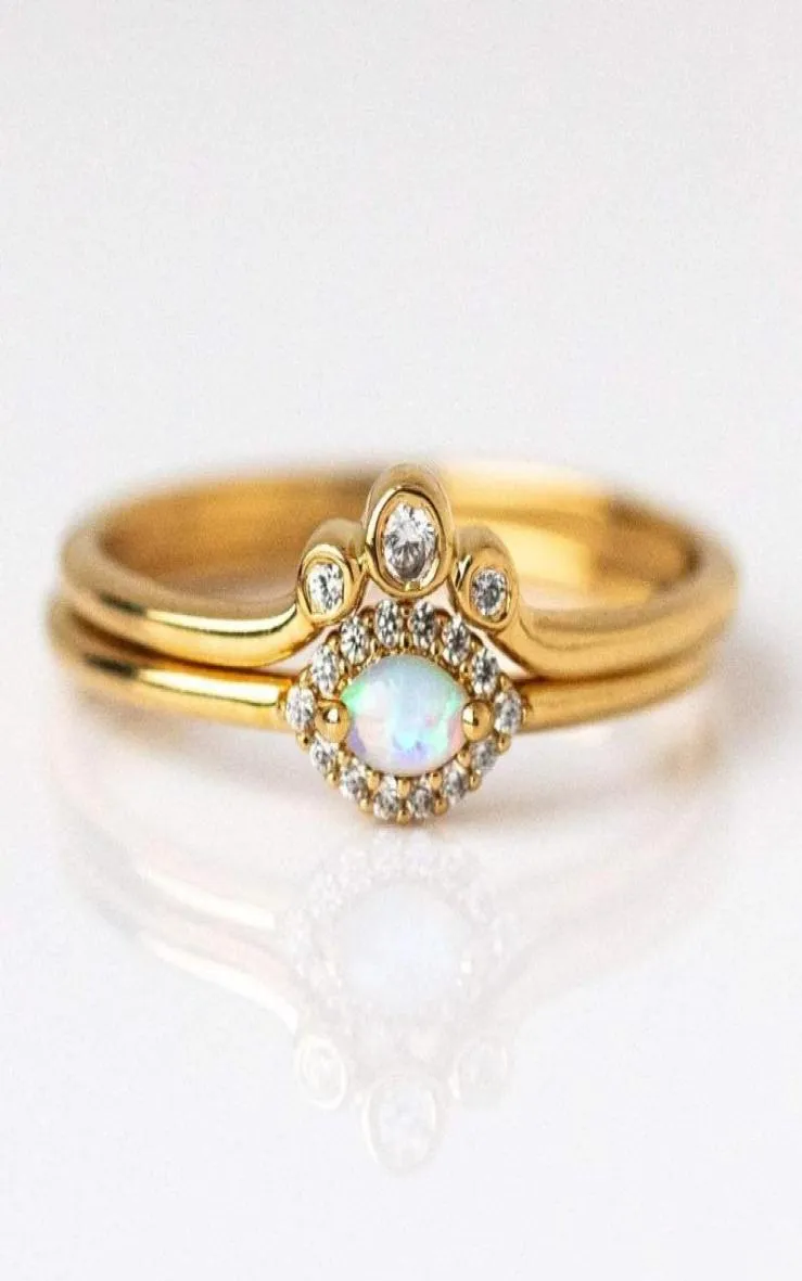 Wedding Rings 2 Pcs Delicate Dainty Women Small Cute Ring Set Gold Filled Cz Opal Stone Tiny Engagement2890214