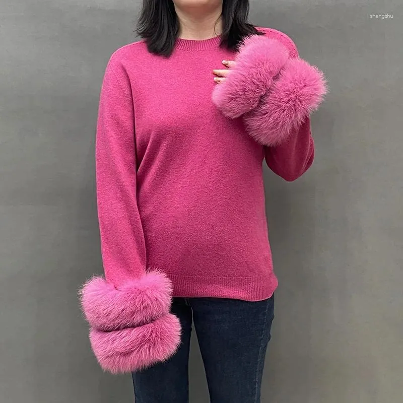 Pulls pour femmes hiver véritable laine cardigan doux chaud tricoté pull 2023 pull avec manchette en fourrure