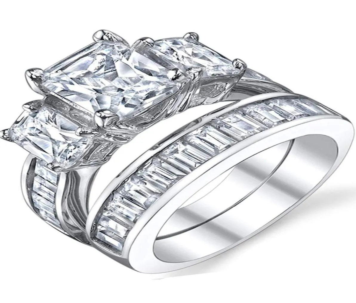 Bröllopsringar choucong märke unika lyxsmycken 925 Sterling Silver Three Stone Princess Cut 5A Cubic Zirconia Bridal Ring Set3084935