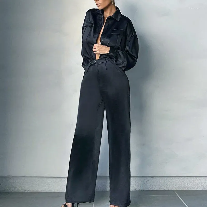 Women's Two Piece Pants Europe And The United States Elegant Light Mature Wind Loose Solid Color Lapel Top High Waist Straight Two-piece Set