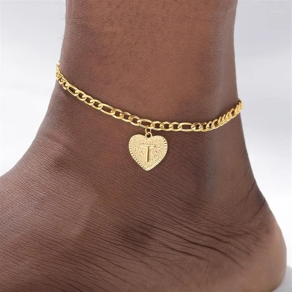 Ankletter A-Z Letter Initial Ankle Armband Rostfritt stål Hjärtguld för kvinnor Boho Jewelry Leg Chain Anklet Beach Accessories281U