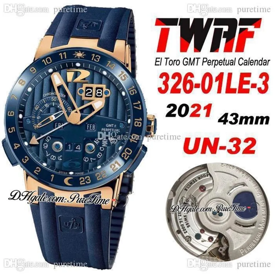 TWAF Executive El Toro UN-32 Automatik-Herrenuhr GMT Ewiger Kalender Roségold Blaues strukturiertes Zifferblatt Kautschukarmband 326-01LE-3 Supe212b