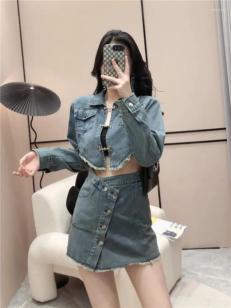 Work Dresses Cowboy Suit Female 2023 Spring Autumn Short Denim Jacket High Waist Skirt Two-piece