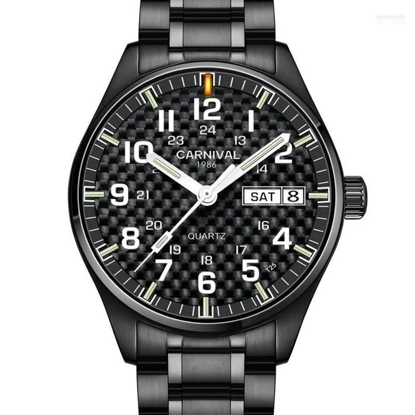 Armbandsur Carnival Top Quartz Watch Men T25 Tritium Luminous Mens Black Full Steel Waterproof Watches Relojes237w