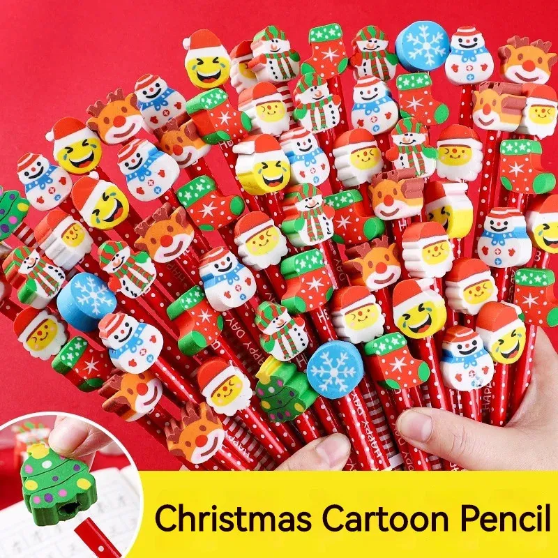 Pennor 20/30 st Söt julpennpenntecknad Eraser Head Pencil Kawaii Christmas Gifts School Supplies Sketch Writ Draw Stationery 231212