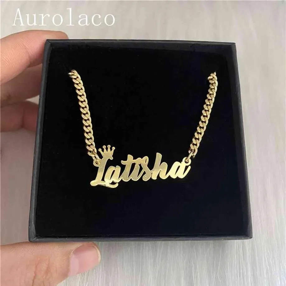 Aurolaco nome personalizado colares com coroa cubana corrente colares de aço inoxidável personalizado carta colar para presente feminino 211123262b