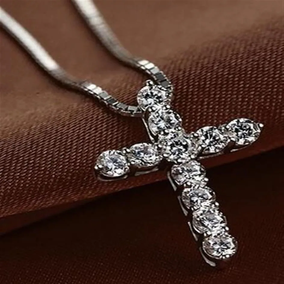 New Fashion Cross Necklace Accessory Ture 925 Sterling Silver Women Crystal CZ Pendants Necklace Jewelry294n