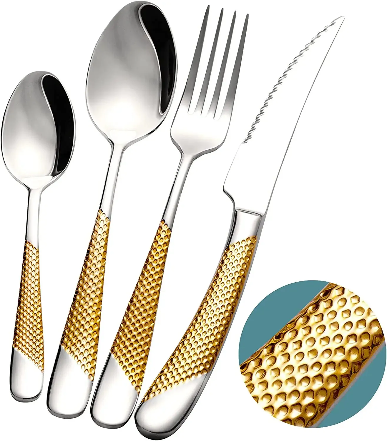 Ensembles de vaisselle martelé argent or argenterie ensemble couverts en acier inoxydable ustensiles de cuisine vaisselle couteaux fourchettes cuillères 231211
