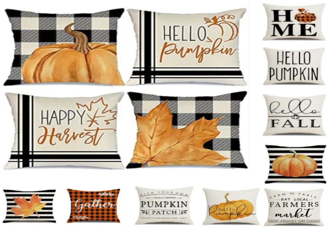 Halloween Fall Pillow Case 18x18inch Buffalo Plaid Pumpkin Leaf Pillows Decorative Throw Farmhouse Thanksgiving Autumn Cushion Cov7712176