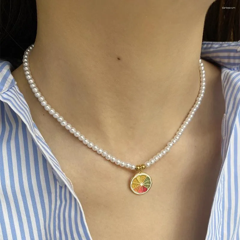 Pendant Necklaces The Romance Of Summer Orange Imitation Pearl Necklace For Women Collar Stainless Steel Clasp Gold Color Free Shopping