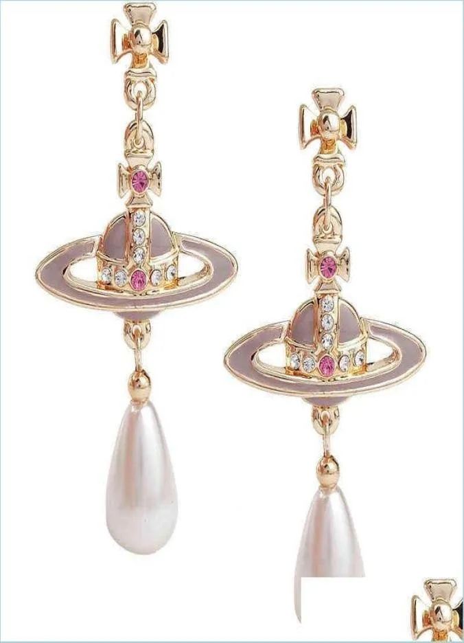 Charm Charm Space Western Empress Dowager Lavender Paint Pearl Drop Elegant Temperament Spot Package Delivery 2021 Jewelry Earring3138300