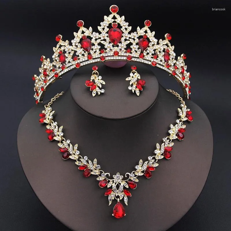 Necklace Earrings Set Red Crystal Crown Bridal Jewelry For Women Tiaras Bride Choker Wedding Dress Costume Accessories