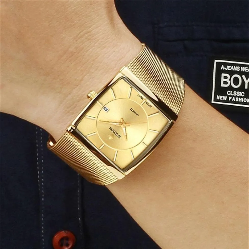 WWOOR Luxus Gold Uhren Für Männer Platz Quarzuhr Schlanke Stahl Mesh Wasserdicht Datum Armbanduhr Männer Top Geschenk Relogio masculino 2272p