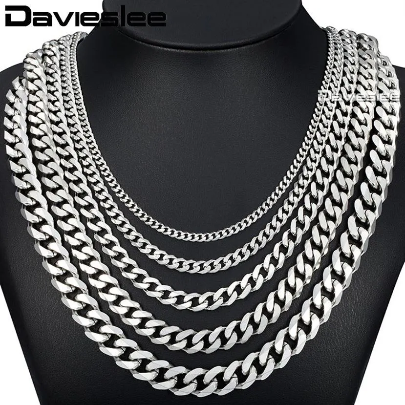 Davieslee 60 cm Menskedja Silver Silverfärg Rostfritt stålhalsband för män Curb Cuban Link Hip Hop Jewelry 3 5 7 9 11mm DLKNM07252U