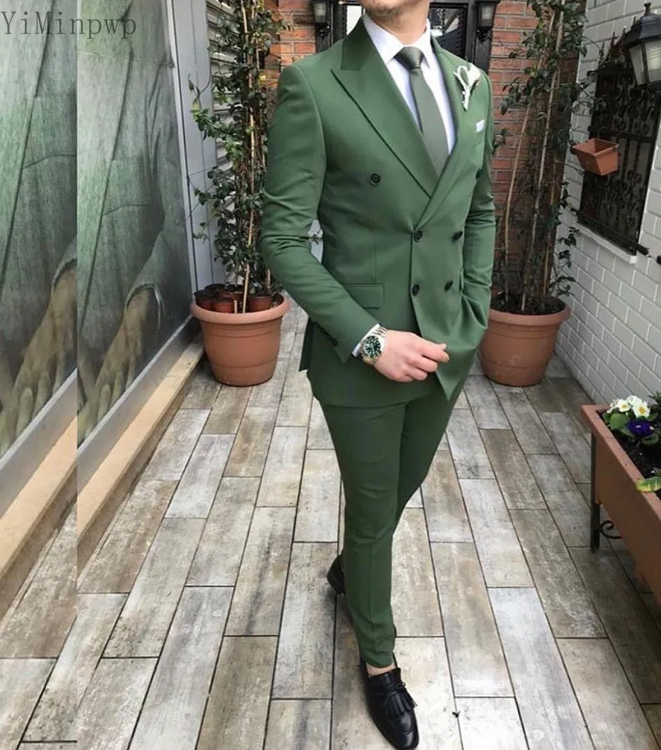 Mężczyźni z podwójnym piersi Olive Green Groom Tuxedos Peak Lapel Groomsmen Wedding/Prom/Dinner Man Blazer Obścić 2 sztuki (kurtka + spodnie + muszka) L659