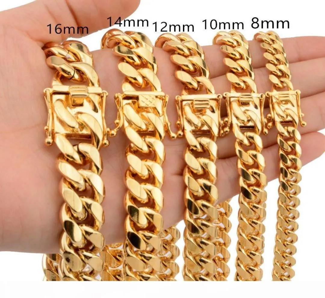 Novedades Llegada 8 10 12 14 16 18 mm Acero inoxidable Miami Curb Collares de cadena cubana Casting Dragon Lock Broche Mens Rock Dj Jewelry J12798804