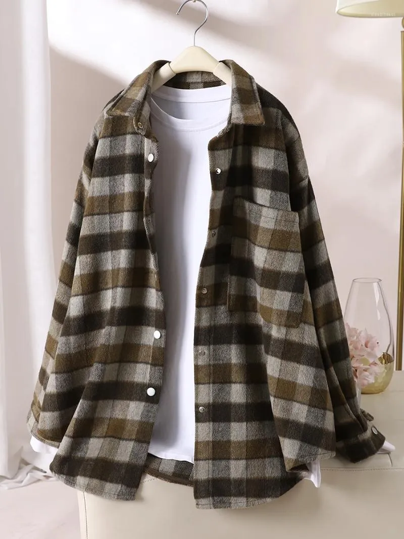 Sweat à capuche pour femmes, col Polo, chemise en laine à carreaux américains, manteau ample et décontracté, Version coréenne, automne/hiver 2023