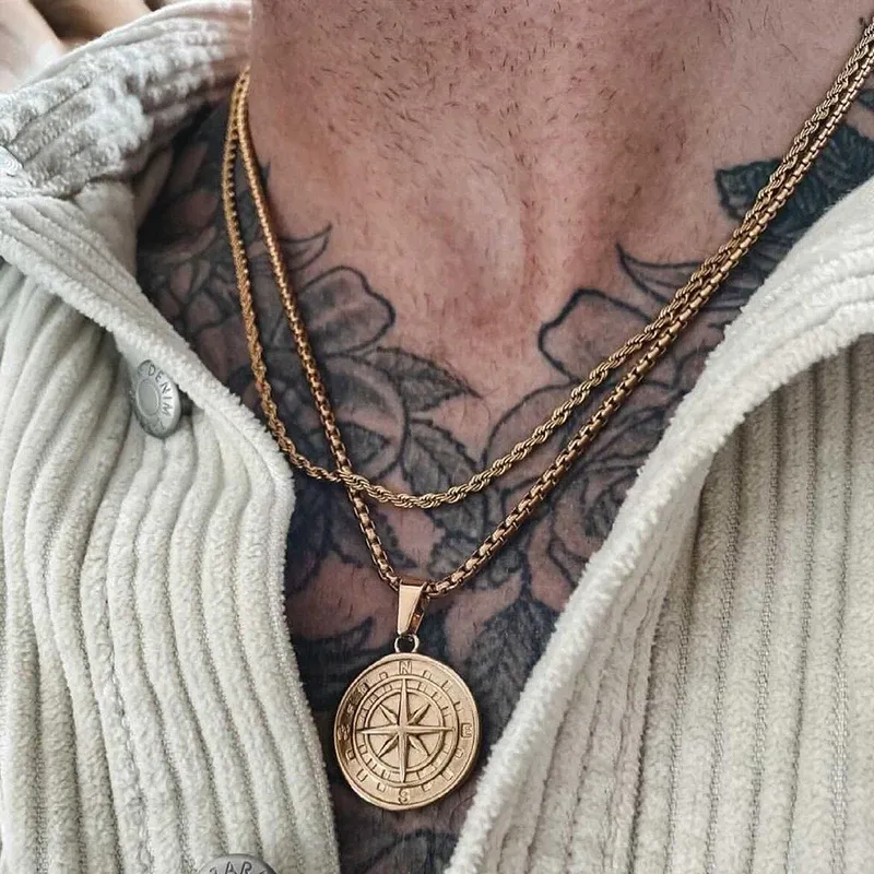 Мужские ожерелья с компасом золотого цвета, винтажная медаль с якорем Северной звезды викингов, 14-каратный желтый кулон для мужчин, подарок парню, папе