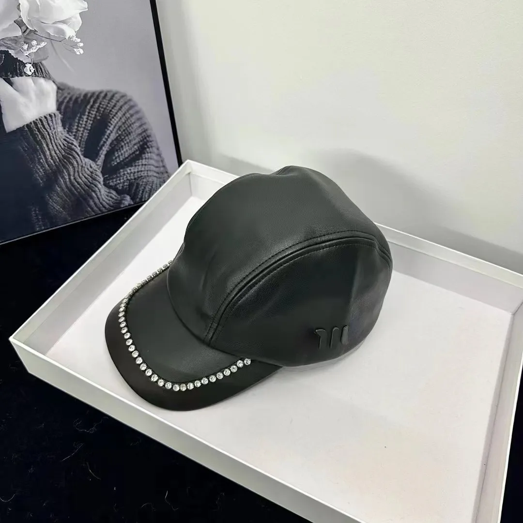 Unisex Berets French Equestrian Hat Rhinestones Letter Cap for Women Autumn Winter Black PU Leather Big Head Around Baseball Cap for Men