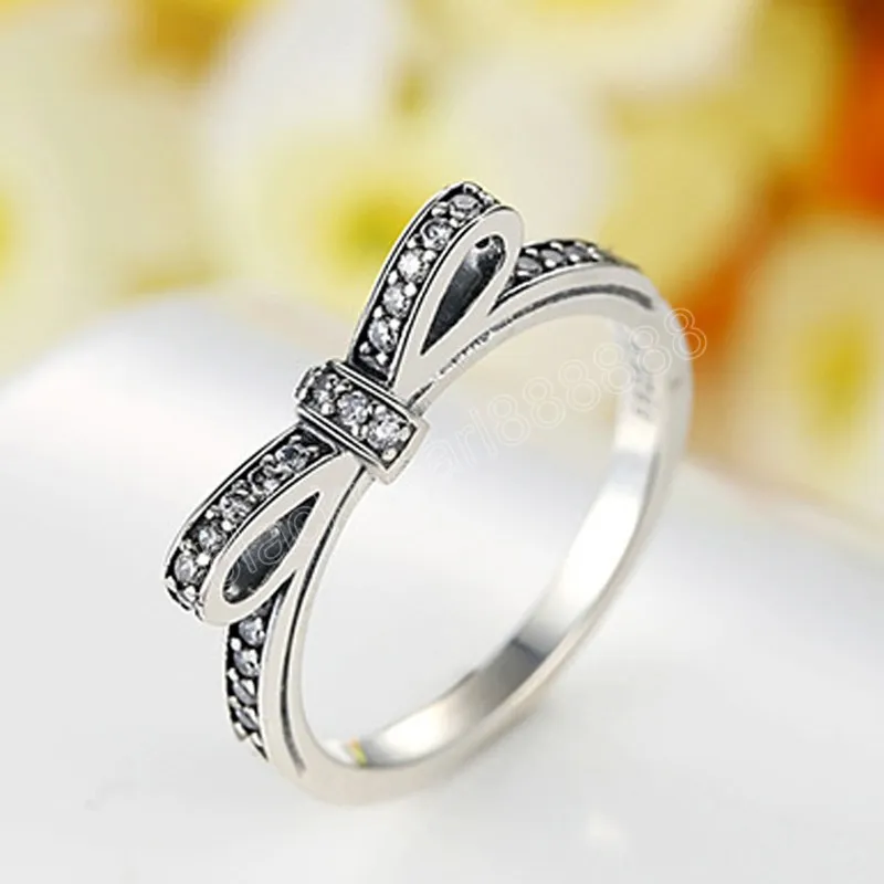 Lovely Bow Tie Ring With Shiny Cubic Zircon Pave Silver Plated Engagement Wedding Rings For Women Size 6 7 8 9