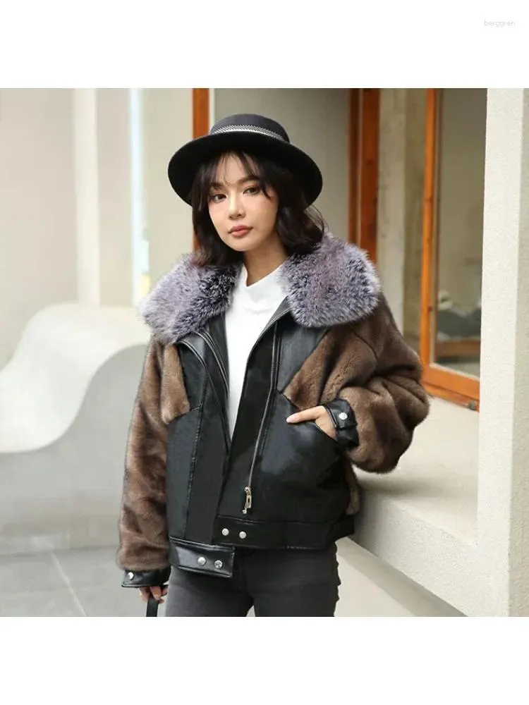 Frauen Leder Mantel 2023 Winter Imitation Pelz Kragen Koreanischen Stil Lose Nerz Frau Kleidung