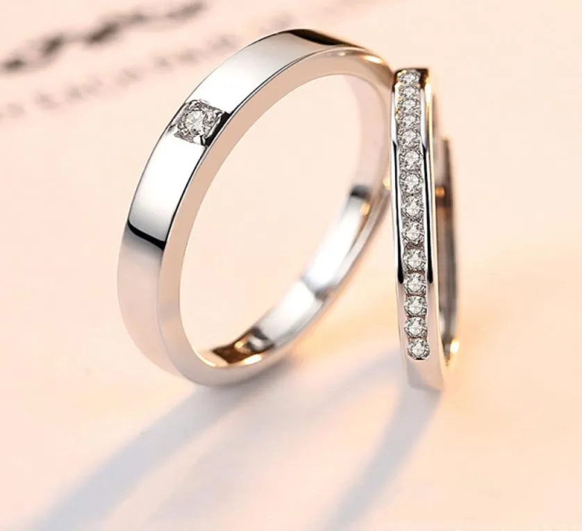 1 Pair Solid Couple Rings Copper Plated Platinum Resizeable Multiple Crystal Men Women Overlap Opening Engagement Wedding Gift Fin8107134