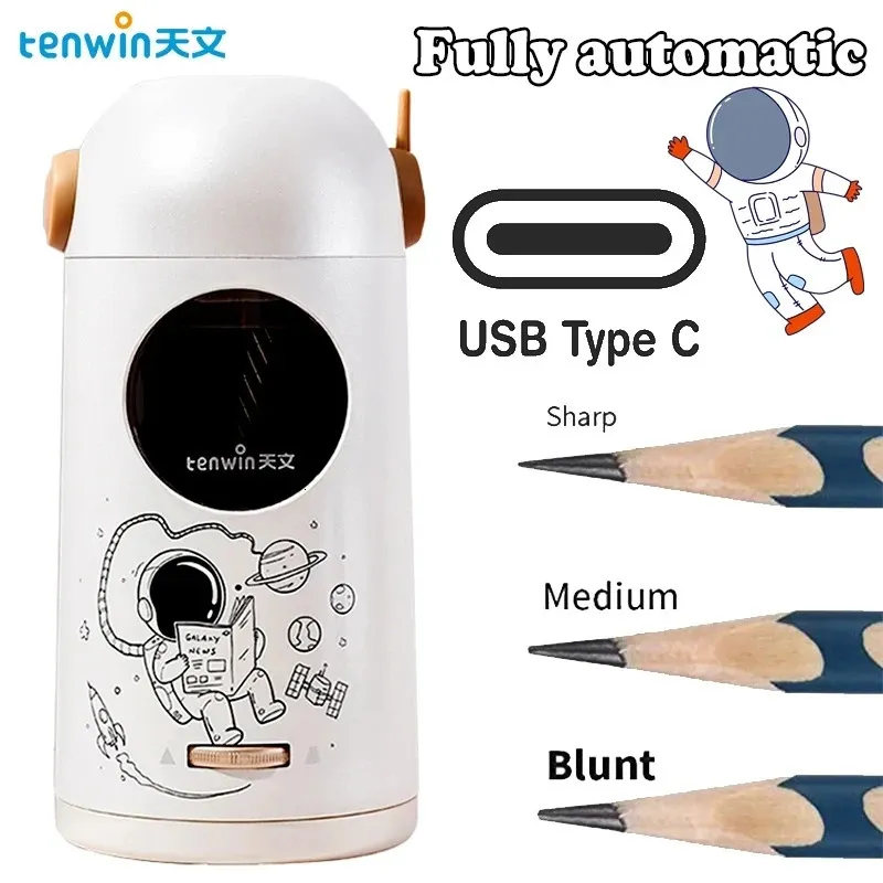 Pencil Sharpeners Tenwin Cartoon Automatic Pencil Sharpener Type-C Astronaut Electric Sharpener Pencils School Nice Students Stationery 231212