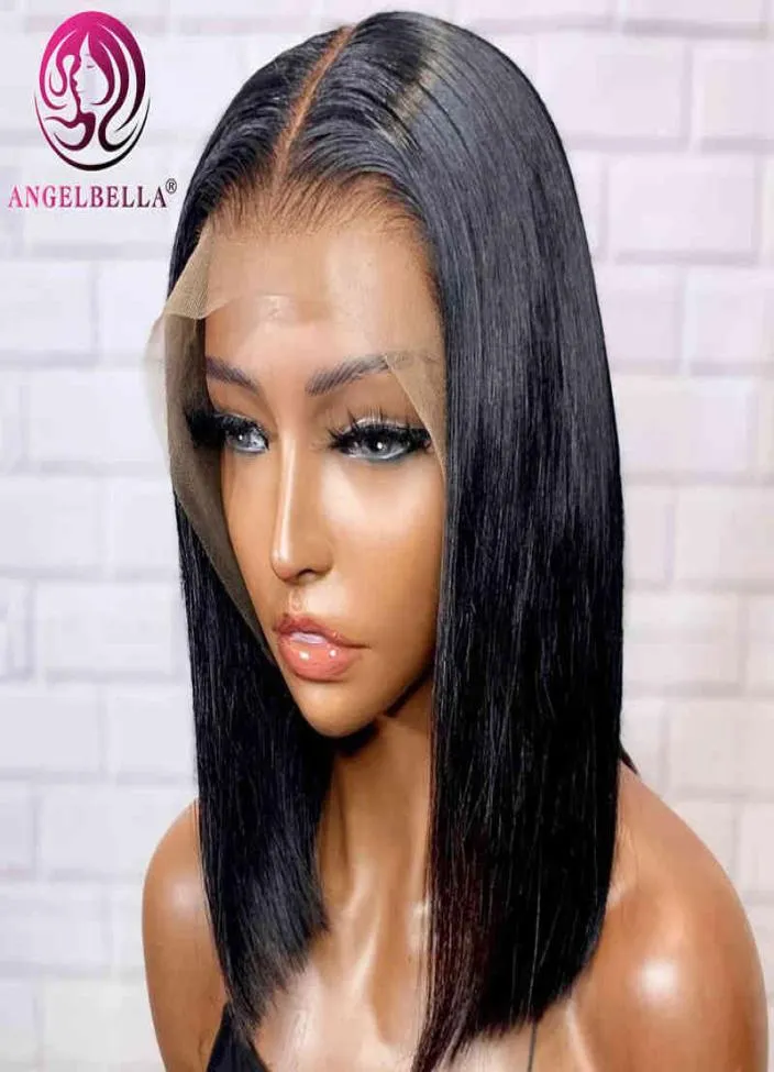 Mänsklig främre transparenta Gluels Virgin Straight Pre Pluck HD Bob Brazilian Hair Lace Frontal Wig7194576