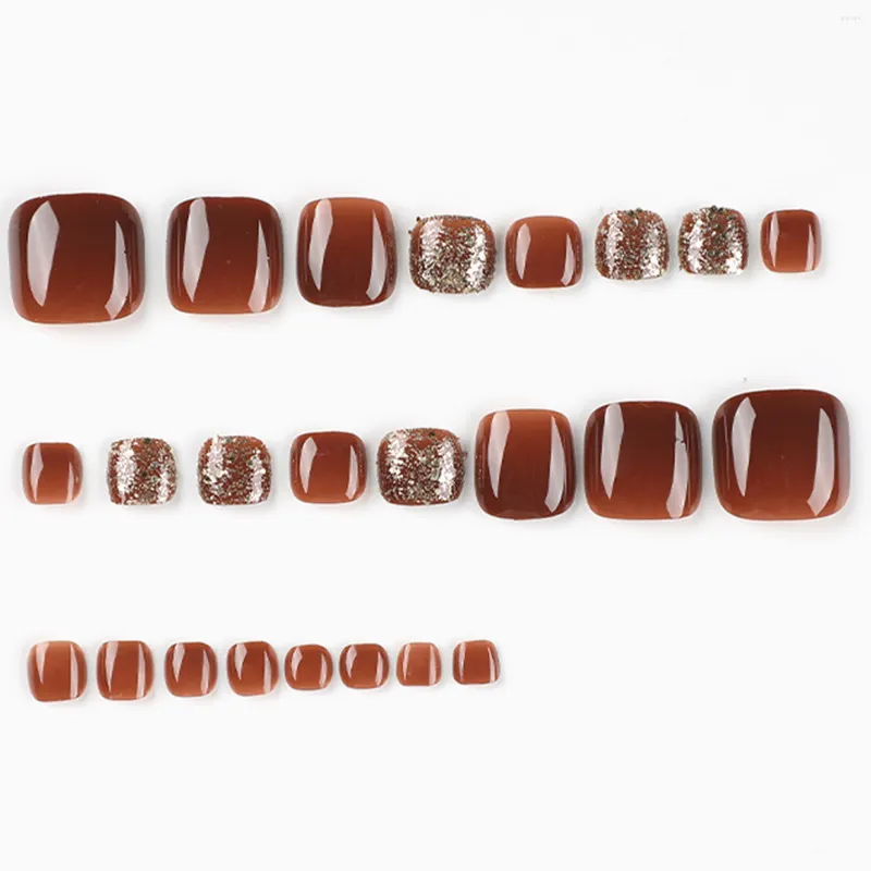 False Nails Coffee Press On Toenails With Glitter Harmless And Smooth Edge For Women Girl Nail Salon