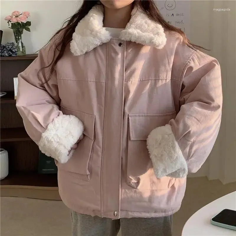 Damengrabenmäntel Frauen Dicke Warme Winter 2023 Rosa Süße Pelzkragen Japanische Elegante Jacken Lamm Gepolsterte Lässige Parkas Outer
