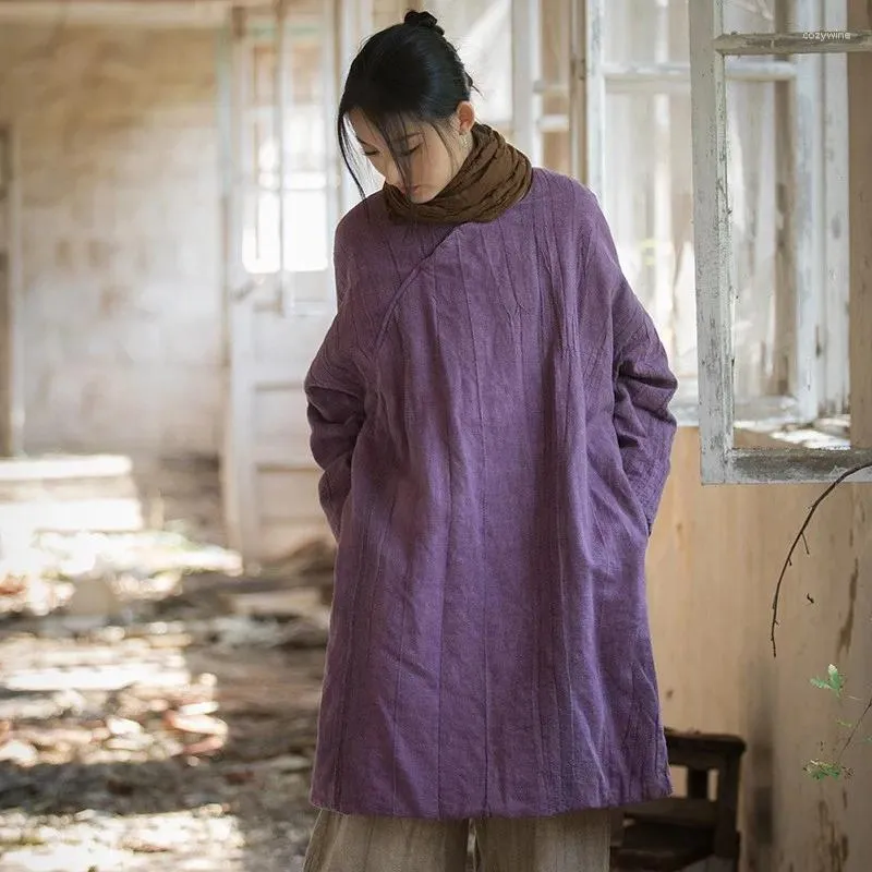 Kvinnors dike rockar Johnature Women Chinese Style Linen Pullover Parkas o-hals långärmad varm 2023 vinter plus bomullsfast färg