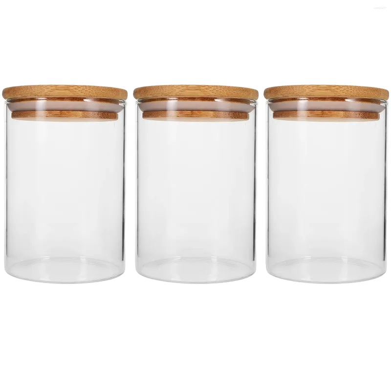 Botellas de almacenamiento 3 PCS Frascos de vidrio Cereales sellados Recipiente Tapa de madera Té Contenedor de café Alimentos