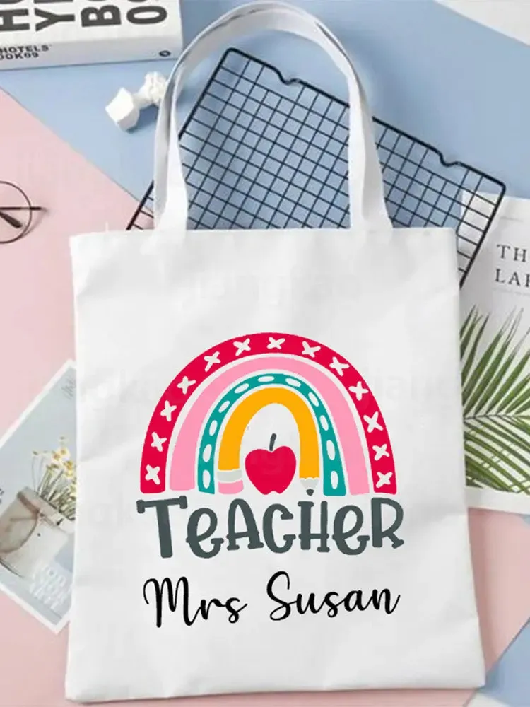 Evening Bags Personalised Rainbow Teacher Shoulder Bag Custom Name Women Canvas Shopping Eco Harajuku Aesthetic School Gifts 231212