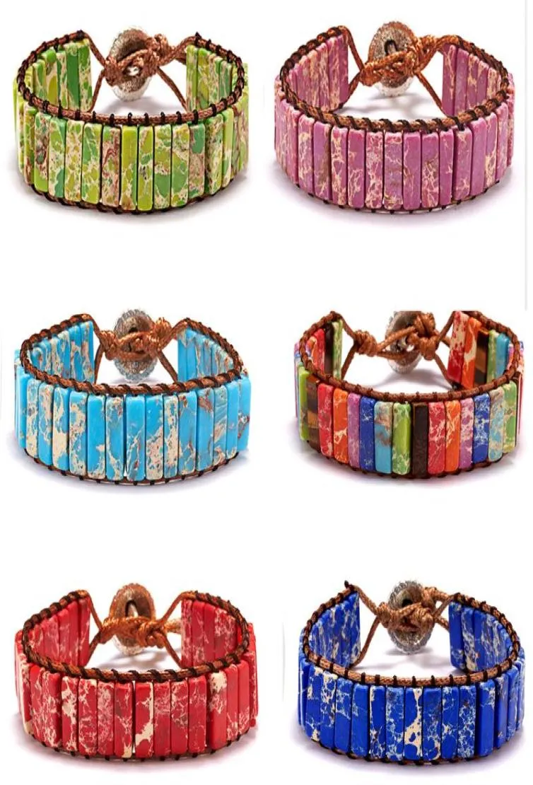 Charm-Armbänder Chakra-Armband Schmuck handgefertigte mehrfarbige Naturstein-Röhrenperlen Lederwickelpaare kreative Geschenke Drop1506240