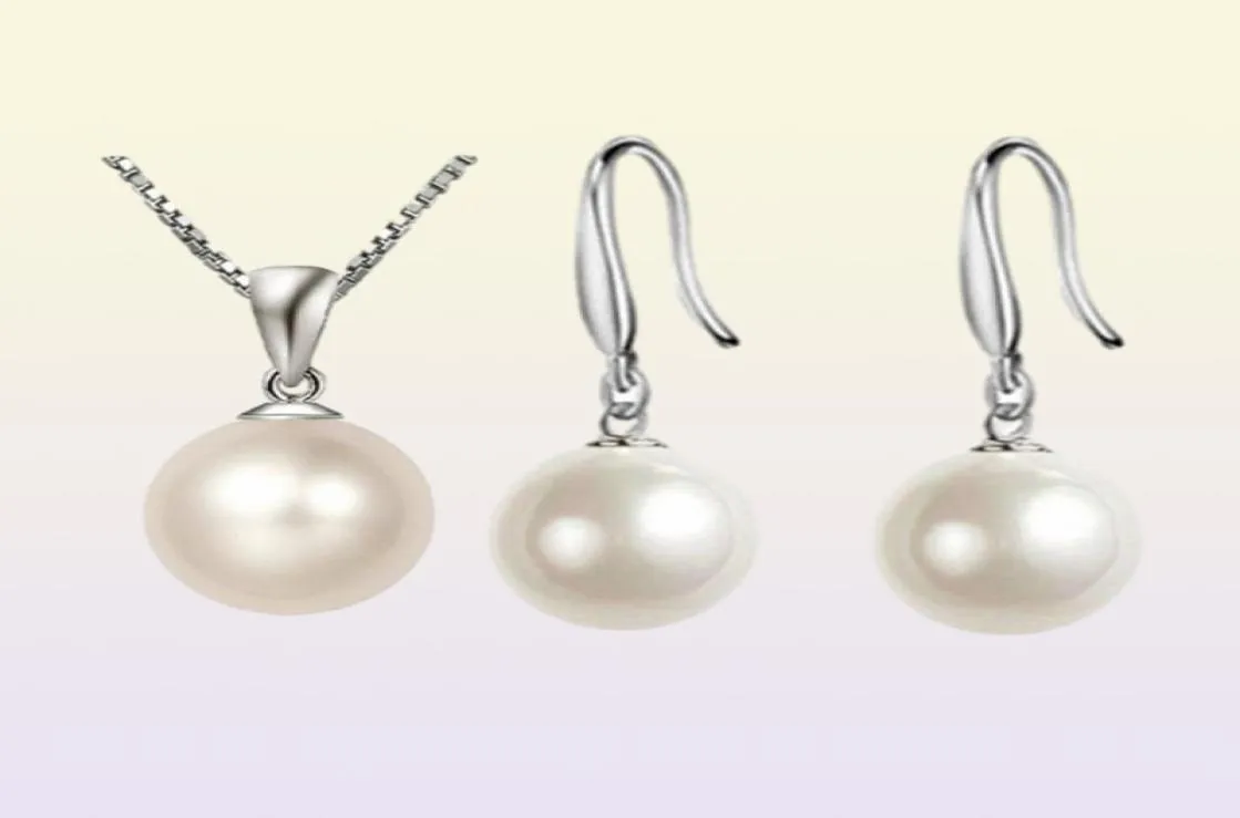 Fashion Women Pearl Jewelry Set 925 Silver Box Chain Fit 10MM 12MM Smooth Pearl Ball Bead Pendant Necklace Earrings Jewelry Set 105264447