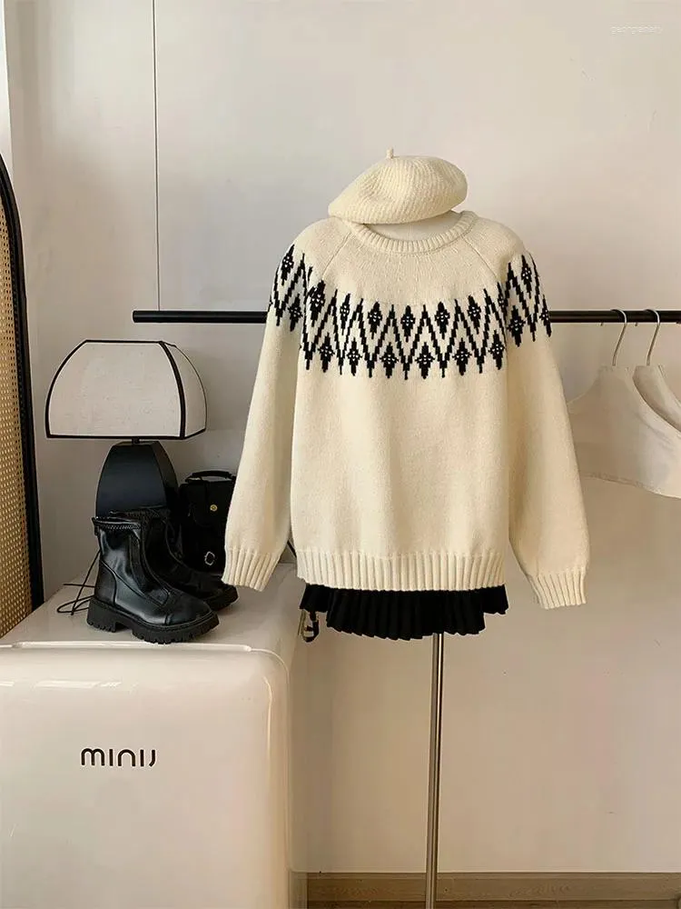 Kvinnors tröjor 2023 Autumn Winter Solid Simple O-Neck Knitwear Jumper Zigzag Graphic Loose Long Sleeve Vintage Sticked Pullover Mysig