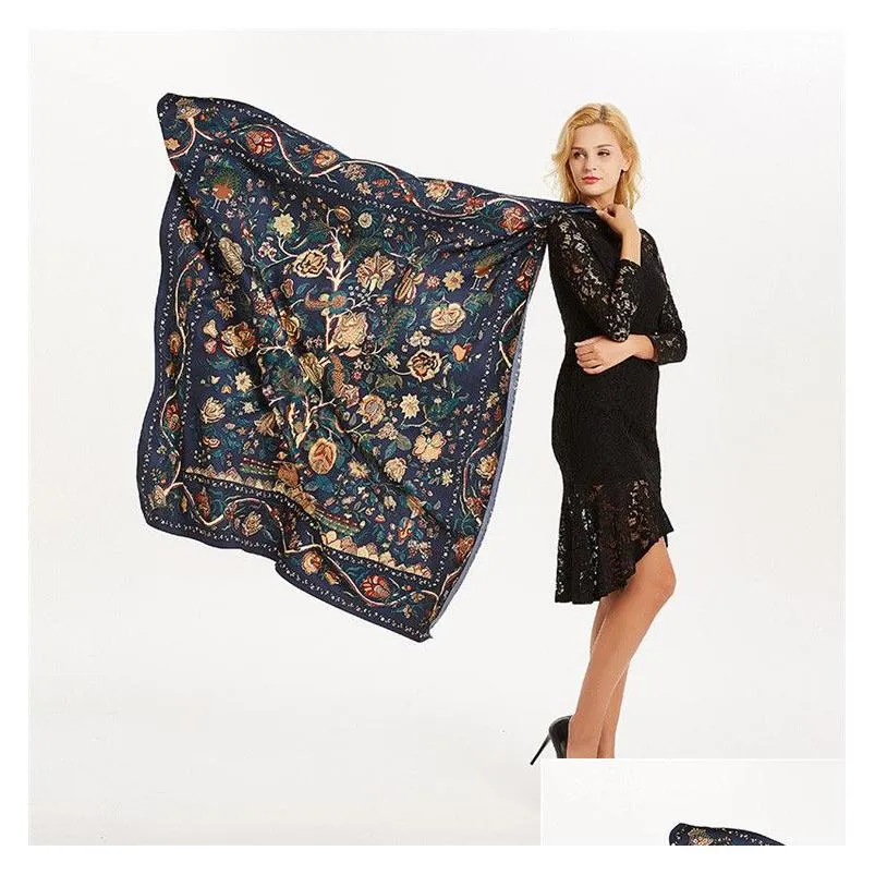 スカーフ新しい100％シルクスカーフの女性大きなショールズ欲望ツリープリントストールスクエアバンダナケルチーフ女性の泡