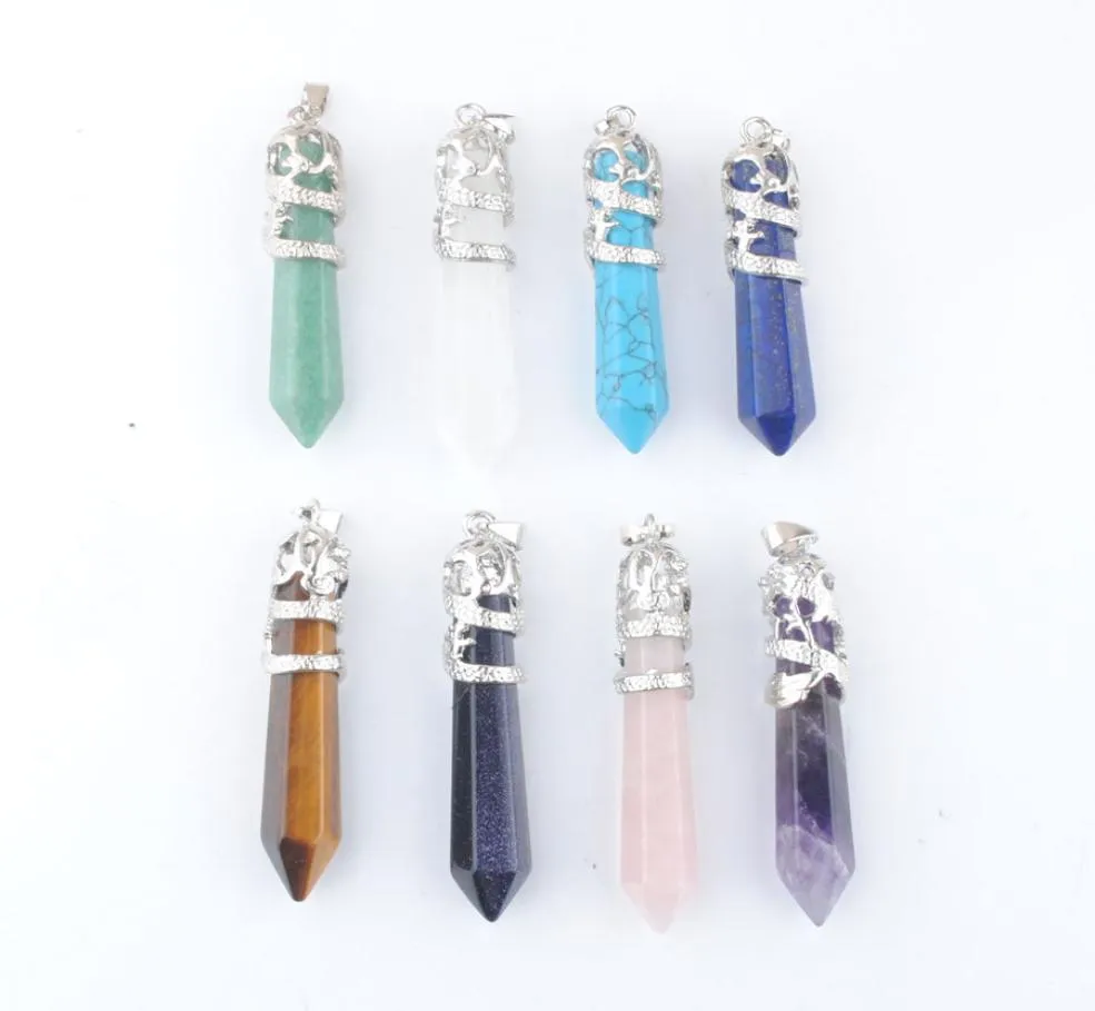 Dragon Tribe Natural Stone Pendant Hexagonal Crystal Totem Quartz Aventurine Amethyst Blue Sand Lapis Lazuli Prism Ethnic Hanging 5259194