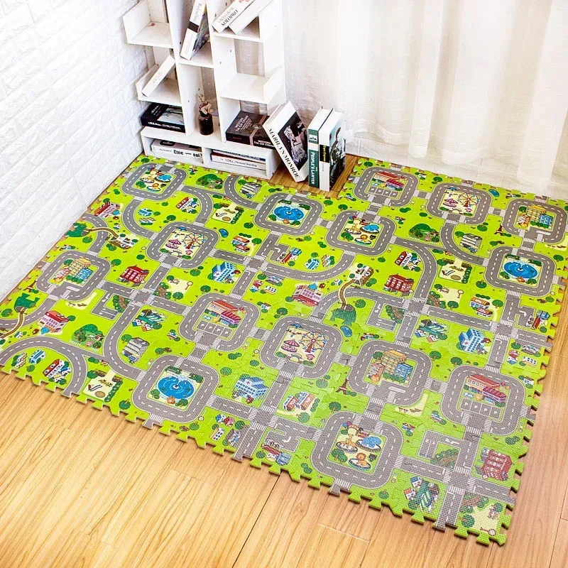 Baby mattor Playmats Baby Play Mat 9pcs/Lot Kids Carpet Playmat Barn mattor mjuka golvleksaker Väg trafik Mjuk golvdekor Eva barn skum pussel 231212